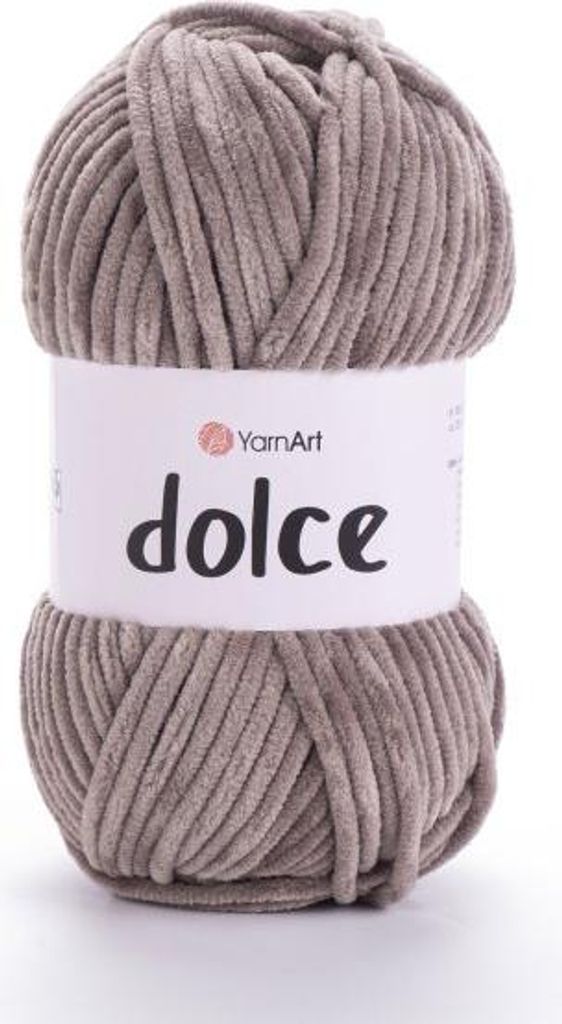 A ball of beige-gray chenille yarn with a white label.