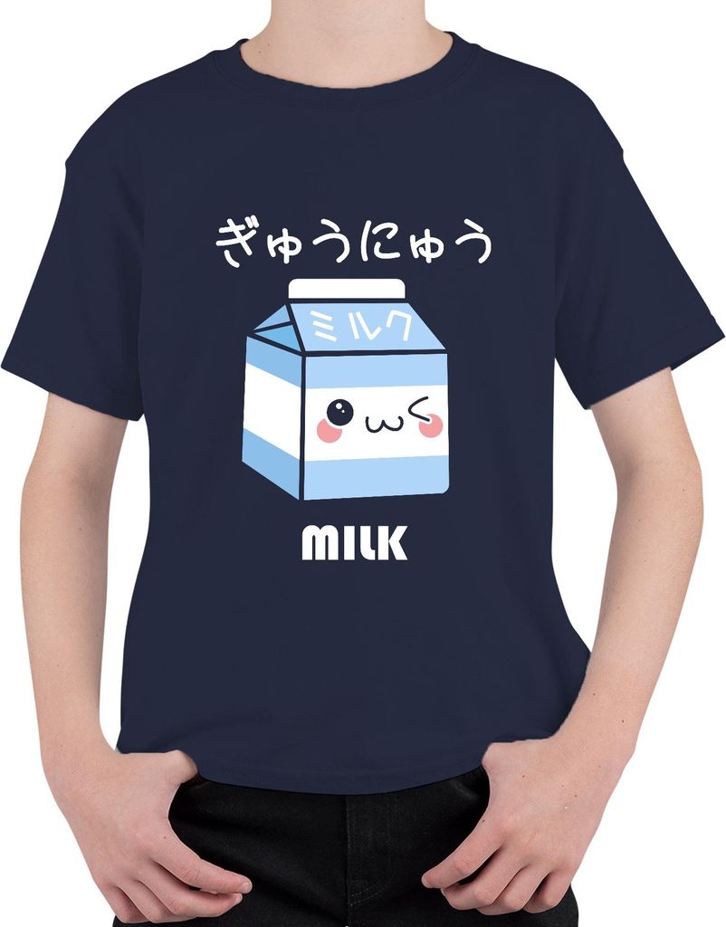 Kawaii Milchpackung süßes Gesicht japanisch ミルク ぎゅうにゅう niedlich Uni Kinder T-Shirt, Navy, 152