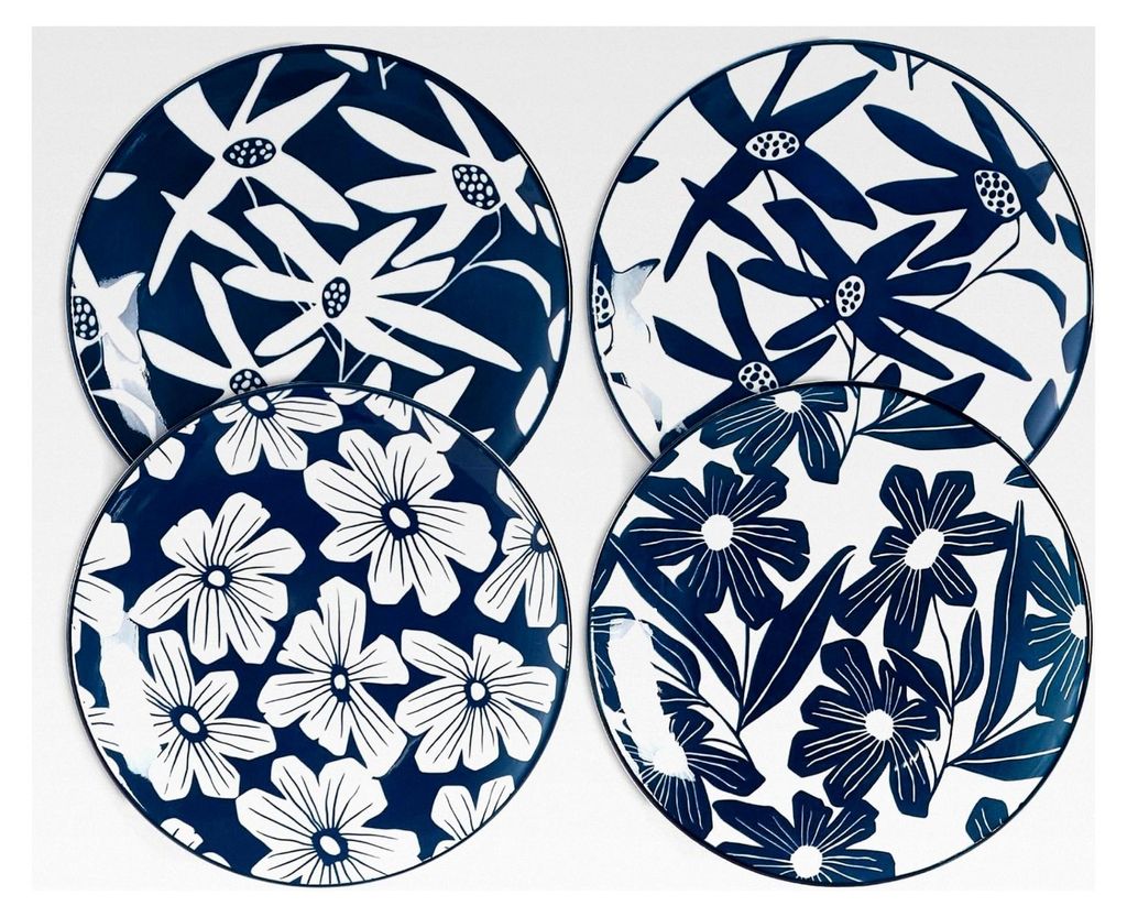 Speiseteller-Set aus Keramik, 21,6 cm, Blau und Weiß, für Salat, Dessert, Vorspeisen, mikrowellen- und spülmaschinenfest, kratzfest, 4 Stück
