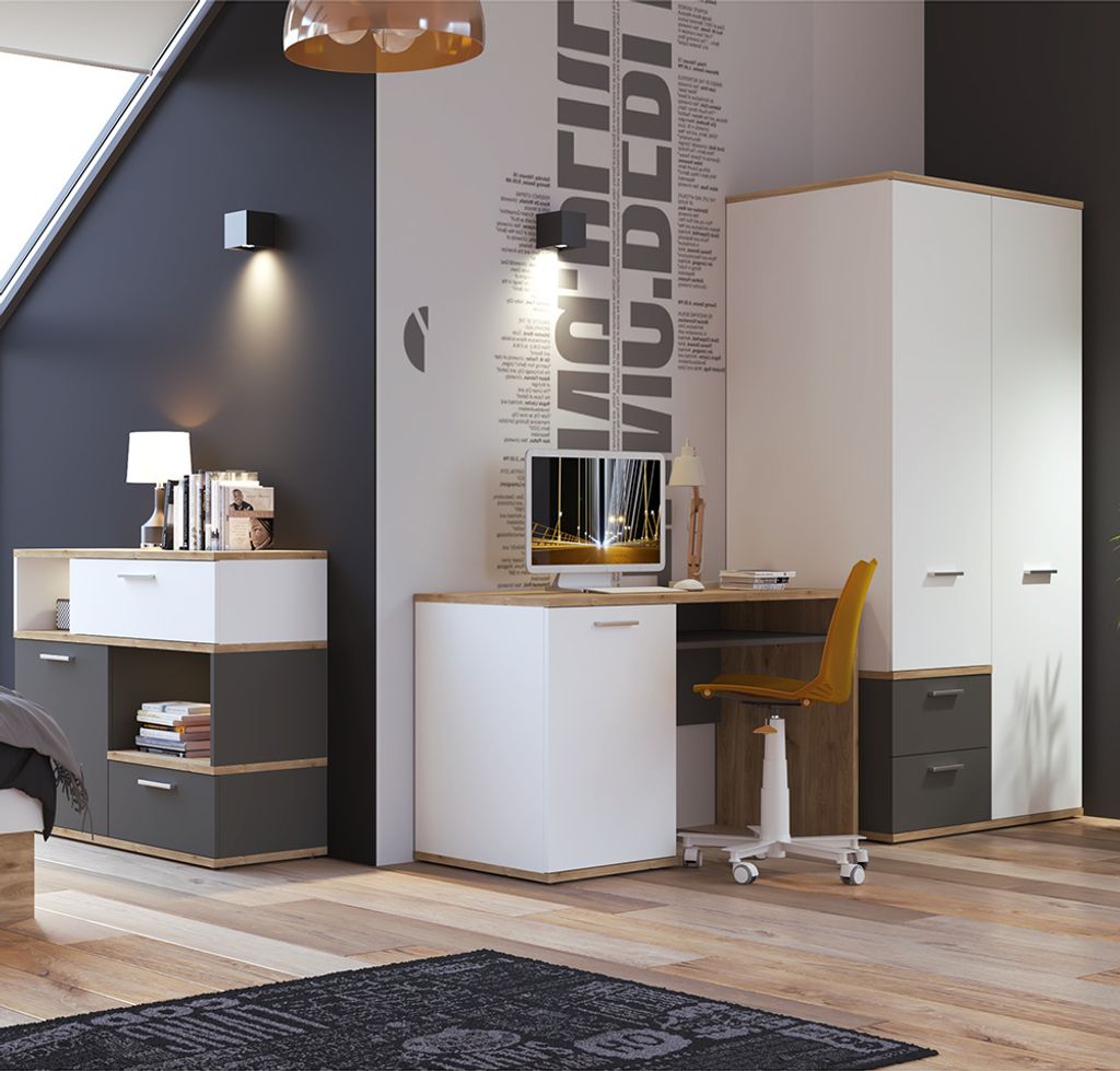 Jugendzimmer Set 3-teilig TOMAR-129 in Eiche Nb. mit weiß und grau