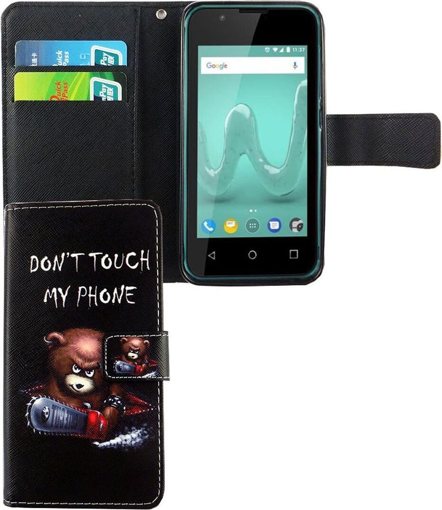 Handyhülle Tasche für Wiko Sunny 2 Schriftzug Bär mit Produktbild 