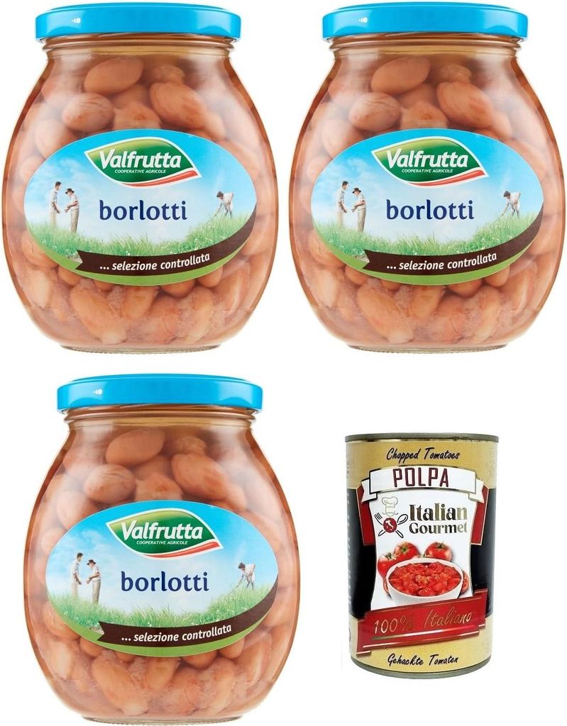 3x Valfrutta Fagioli Borlotti,Italienische Borlotti-Bohnen,Hülsenfrucht Gemüse Gekochte Bohnen,Glas 360g + Italian Gourmet Polpa di Pomodoro 400g...