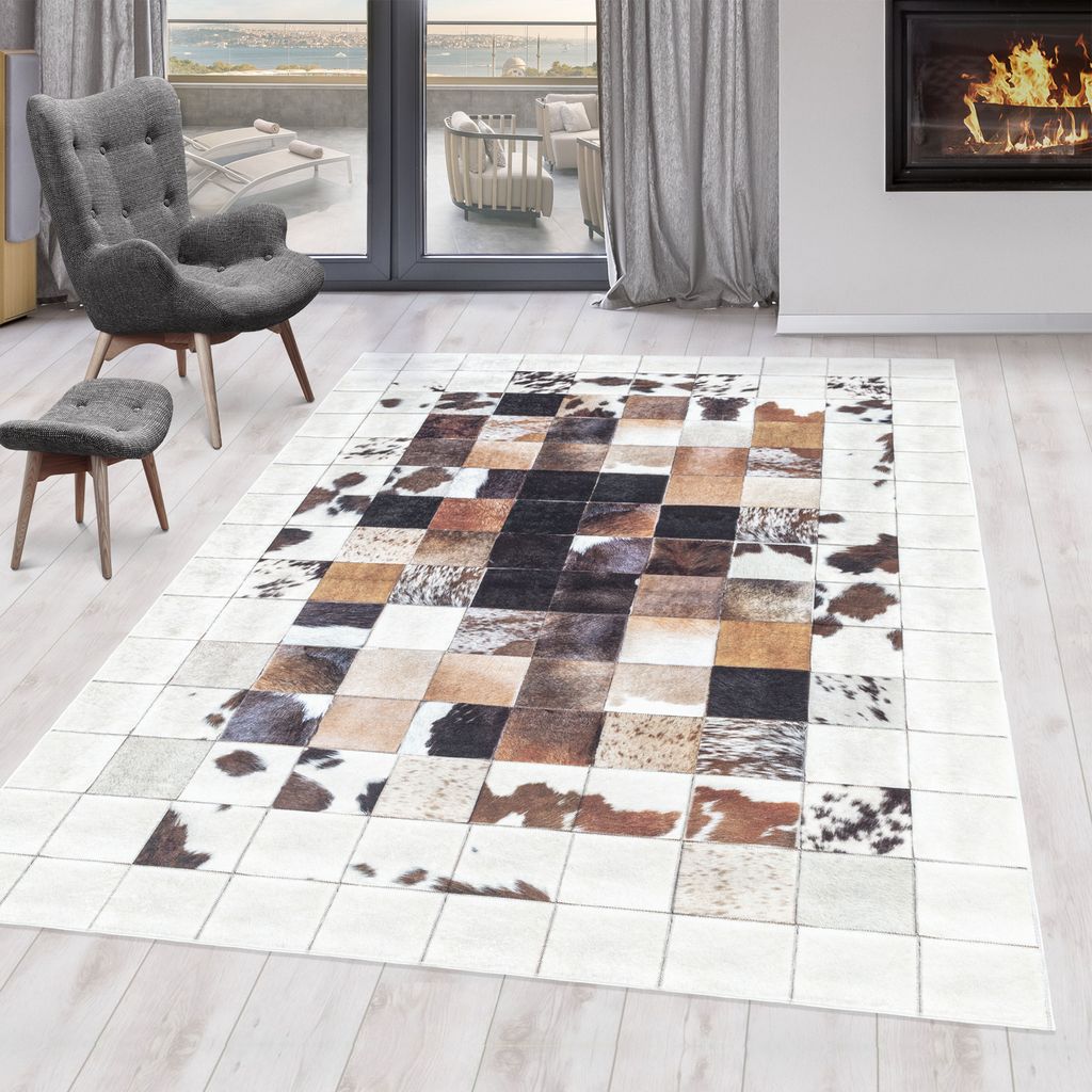 Flachgewebeteppich Patchwork Pflegeleicht Waschbar Strapazierfähig | Weiß 140x200 cm Wohnzimmer Fußbodenheizung | PIZOL – Kadima Design