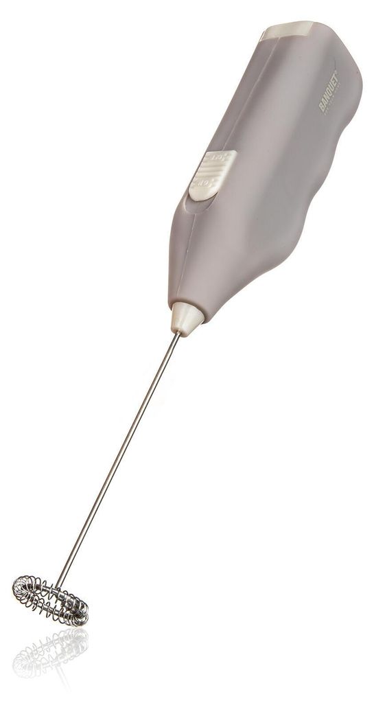 A small electric milk frother with a metal whisk attachment, shown against a white background.