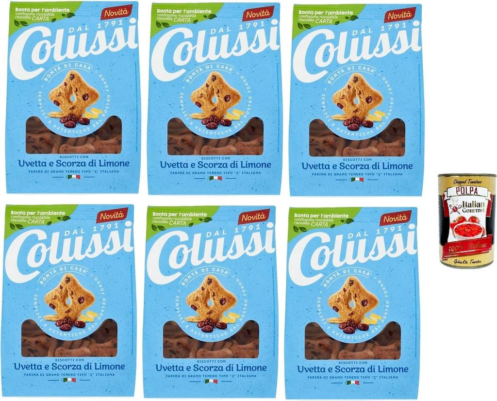 6x COLUSSI Kekse, Rosinen und Zitronenschalen 500 GR+ Italian Gourmet polpa 400g