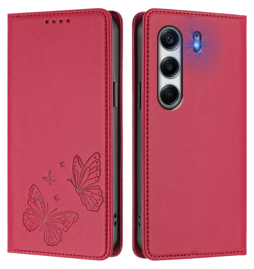 Lederhülle für Tecno Camon 40 Pro 4G, Schmetterling Prägung Leder Brieftasche Schutzhülle mit Ständer Rot