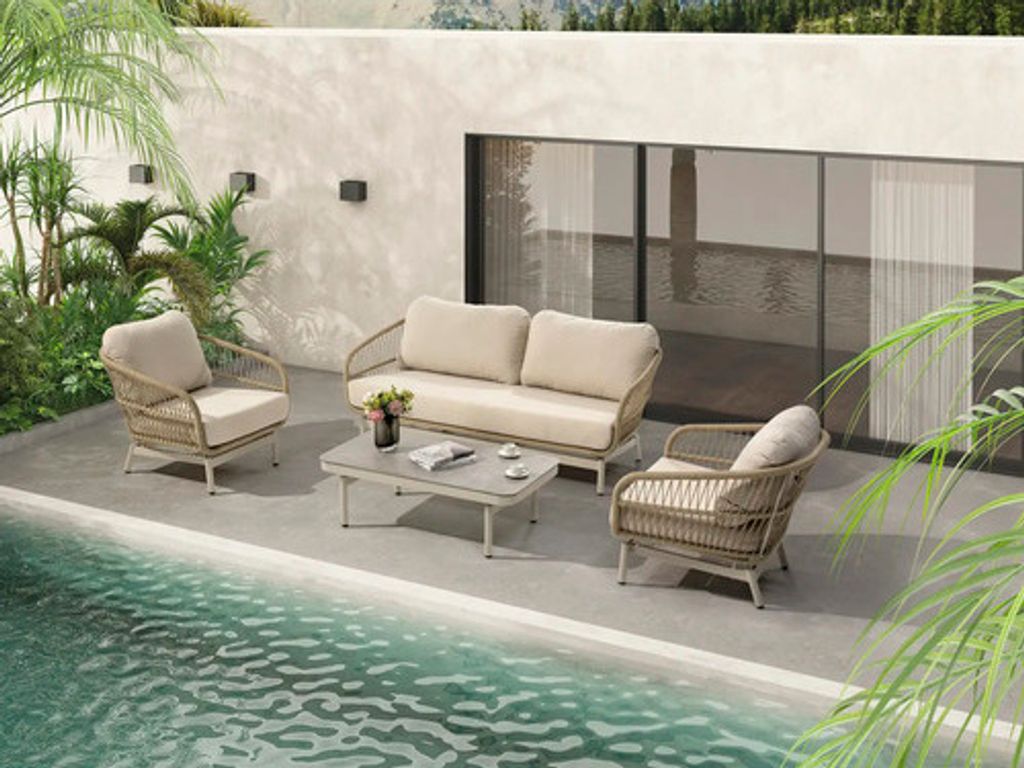 Loungeset SenS-Line garden furniture 4 -Sitzer bestehend aus: Zweisitzer-Bank,2 Stühle,Tisch Aluminium Keramik Glas Kunststoff beige creme