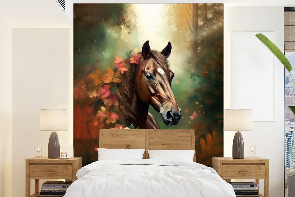 MuchoWow Fototapete für Wohnzimmer oder Schlafzimmer Wandtapete Vinyl Motivtapete Pferd - Blumen - Natur - Tiere - Wald - Orange - 160x220 cm - ...