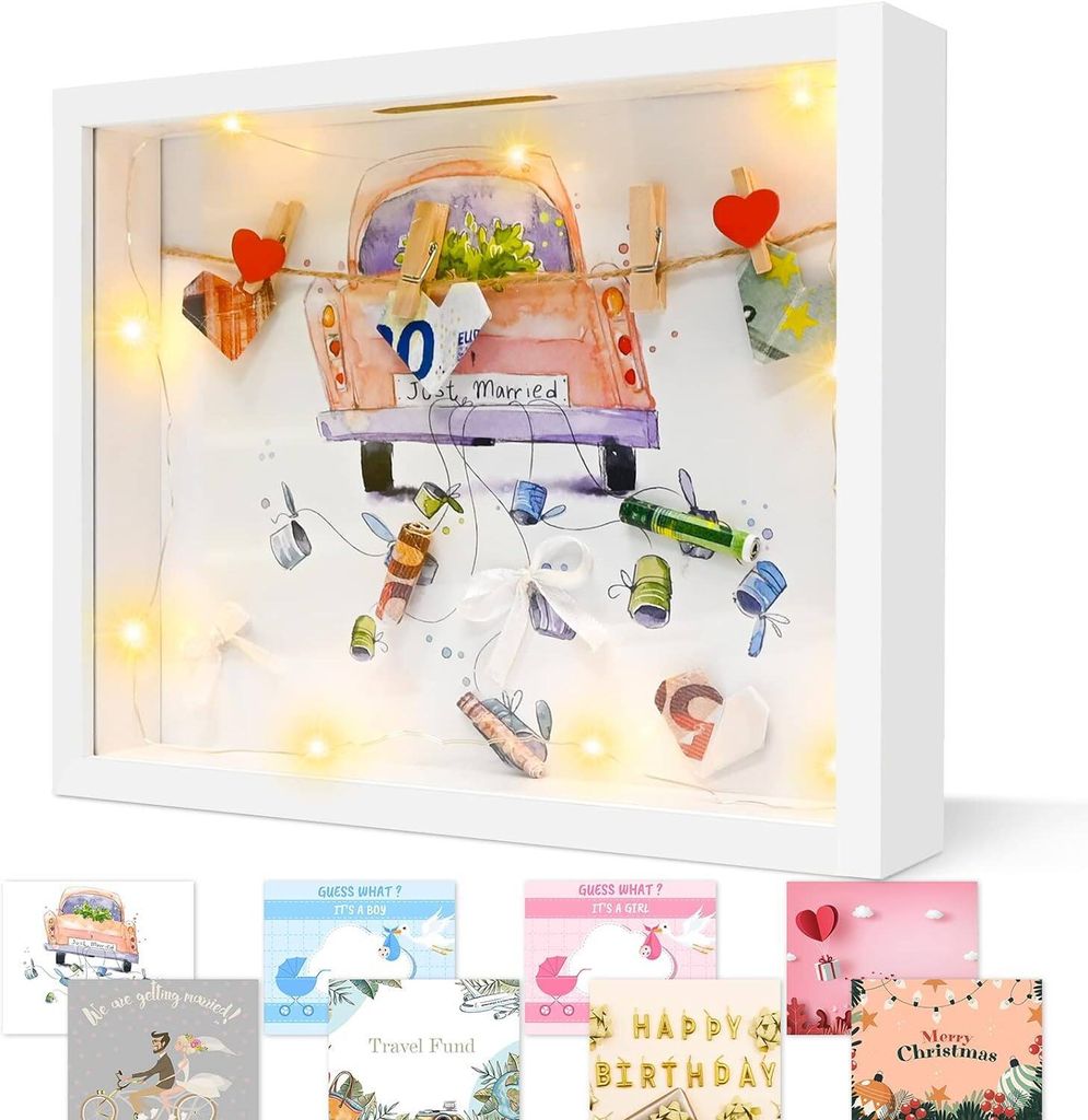 MODFU Bilderrahmen Spardose Fotorahmen Kleine Starthilfe Kreatives Geldgeschenk zur Hochzeit aus Holz zum Befüllen - 3D Bilderrahmen Weiß