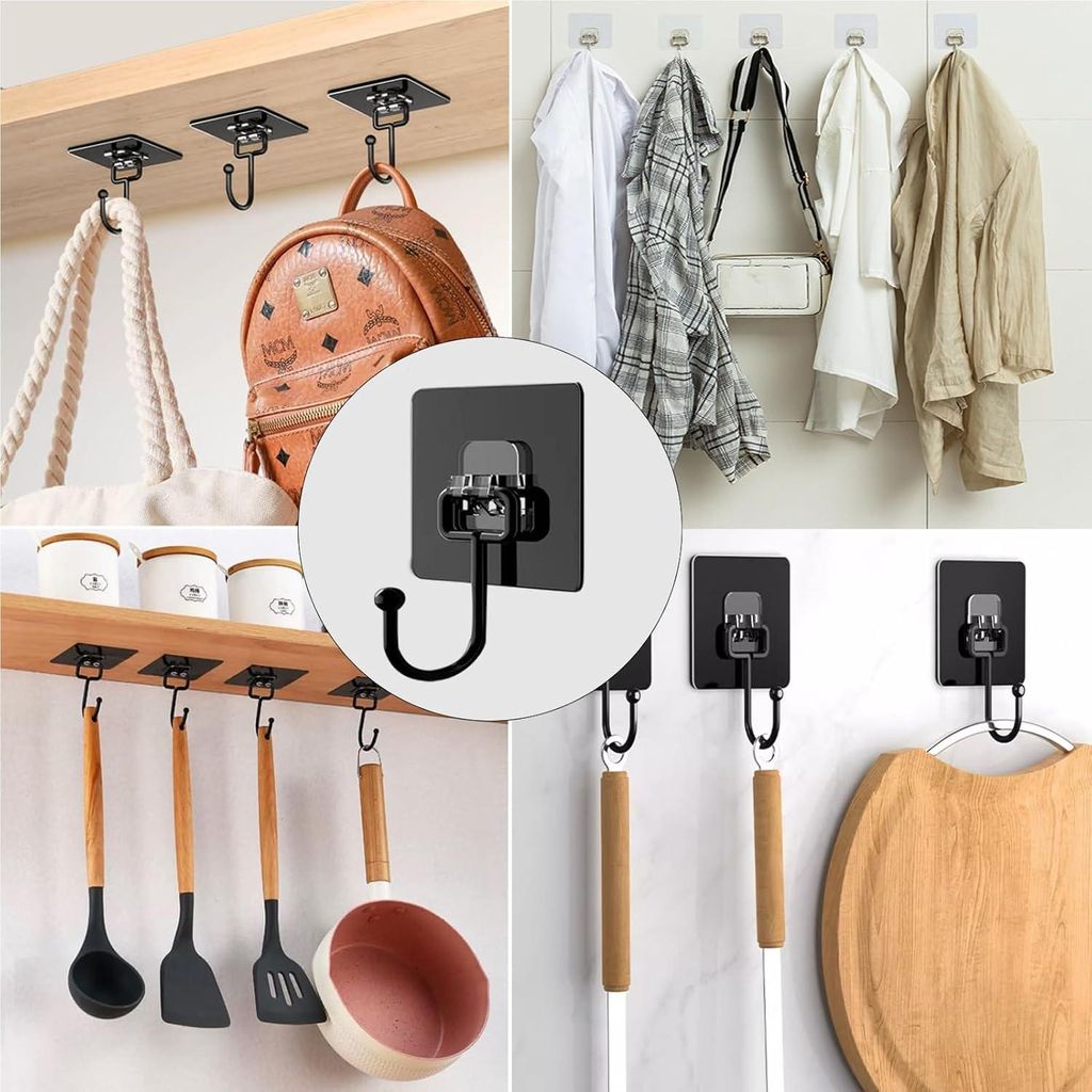 Schwarze selbstklebende Haken für Badezimmer und Küche - 10 Stück, wasserdicht und spurlos, maximal 50 kg