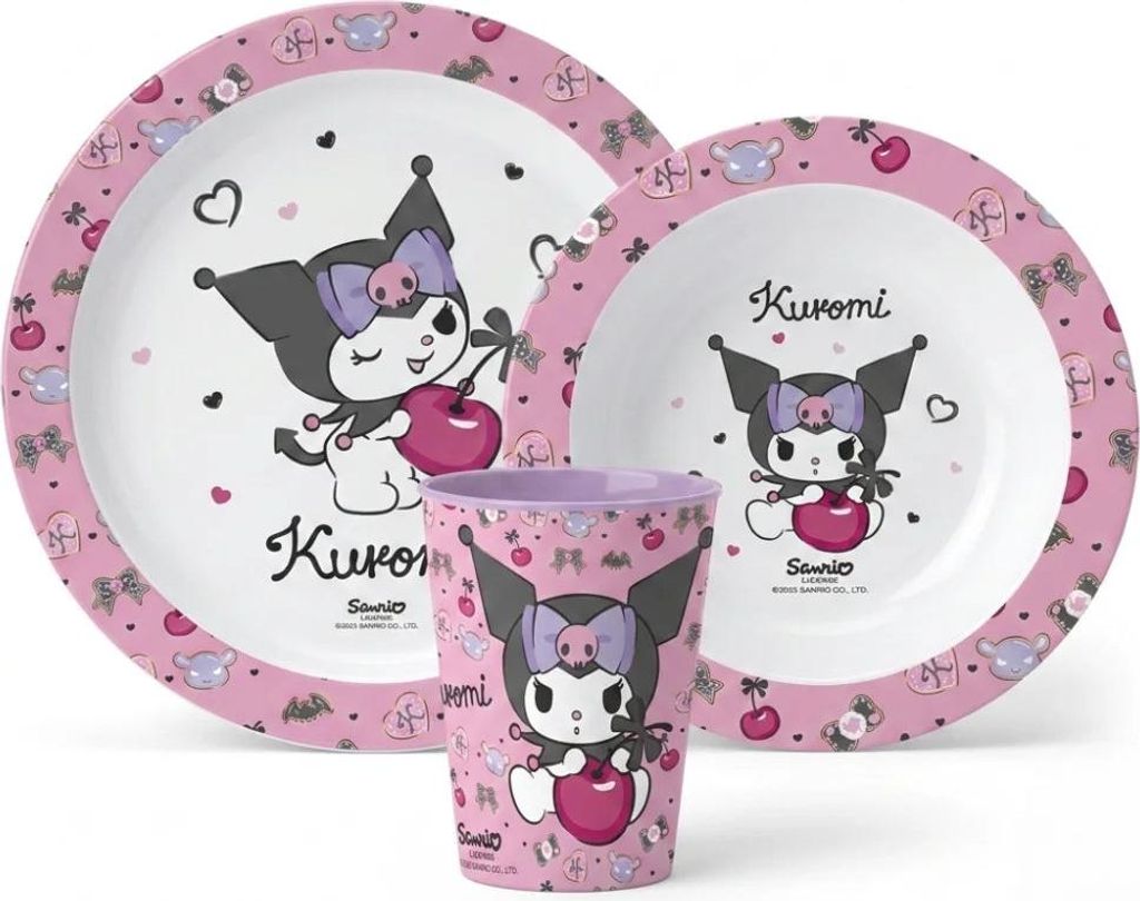 Hello Kitty Kuromi Kinder Geschirr-Set 3 teilig Becher (260 ml) Teller Schüssel