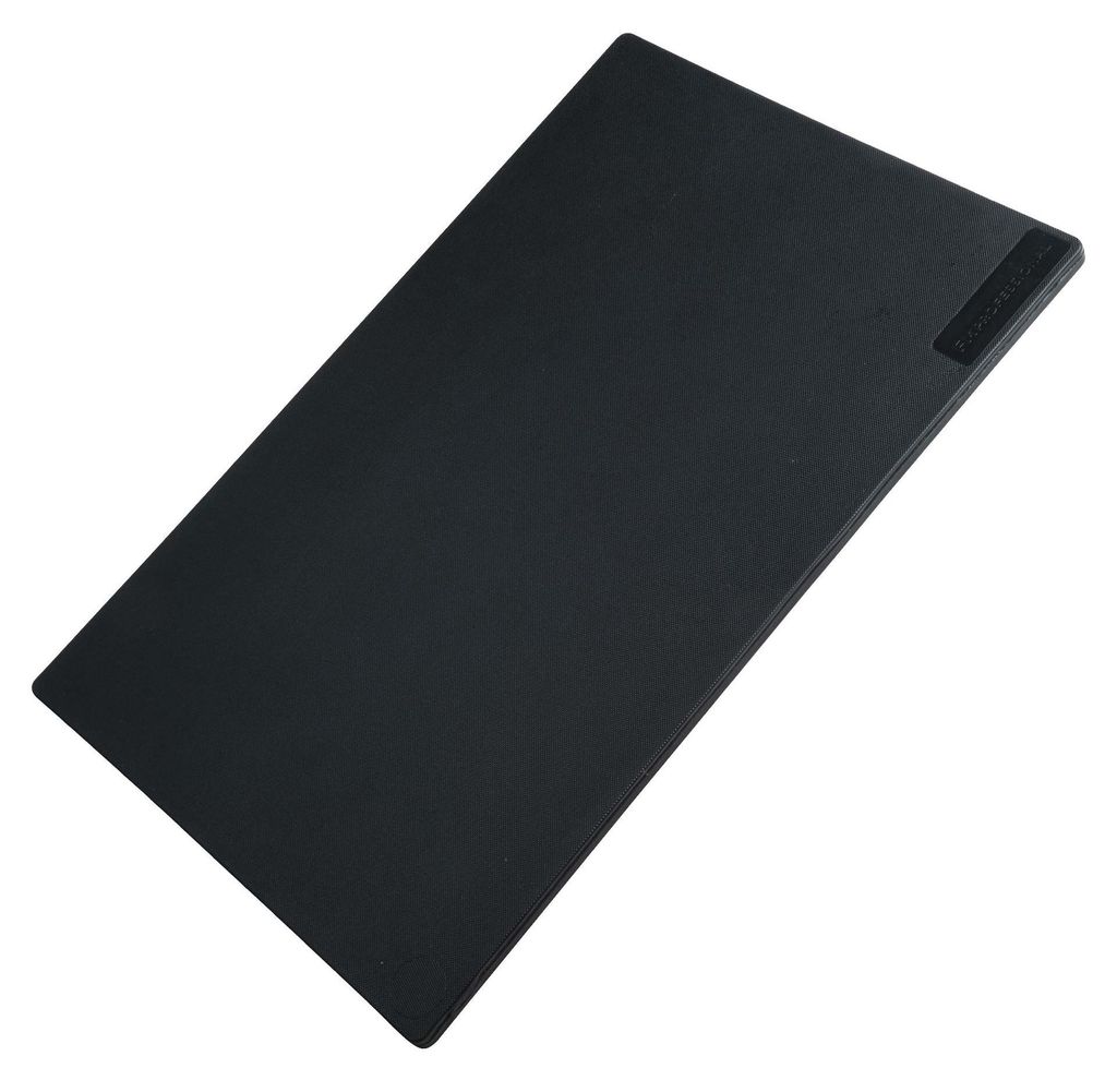 A black cutting board is shown on a white background.