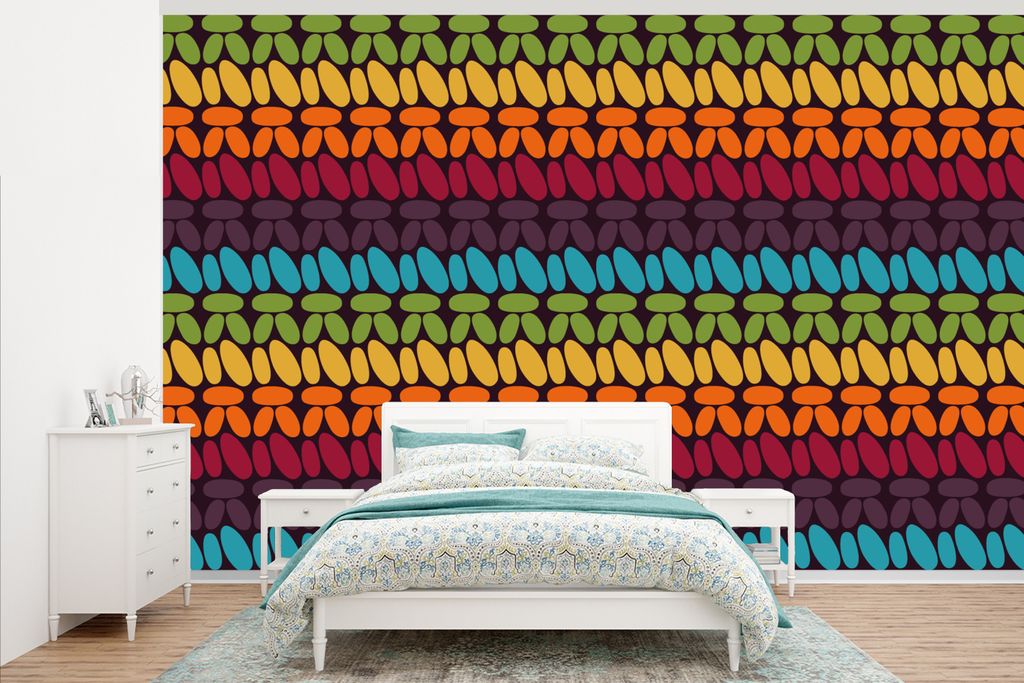 MuchoWow Fototapete für Wohnzimmer oder Schlafzimmer Wandtapete Vinyl Motivtapete Häkelmuster - Retro - Regenbogen - 375x240 cm - Wand Tapete