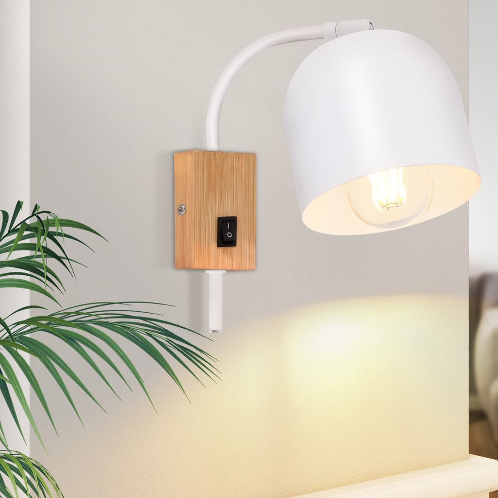 ZMH Wandleuchte Weiß Innen Holz mit Kippschalter Wandlampe Vintage E27 Metall Schwenkbar 330° Wandspots für Flur Kinderzimmer Wohnzimmer Schlafz...