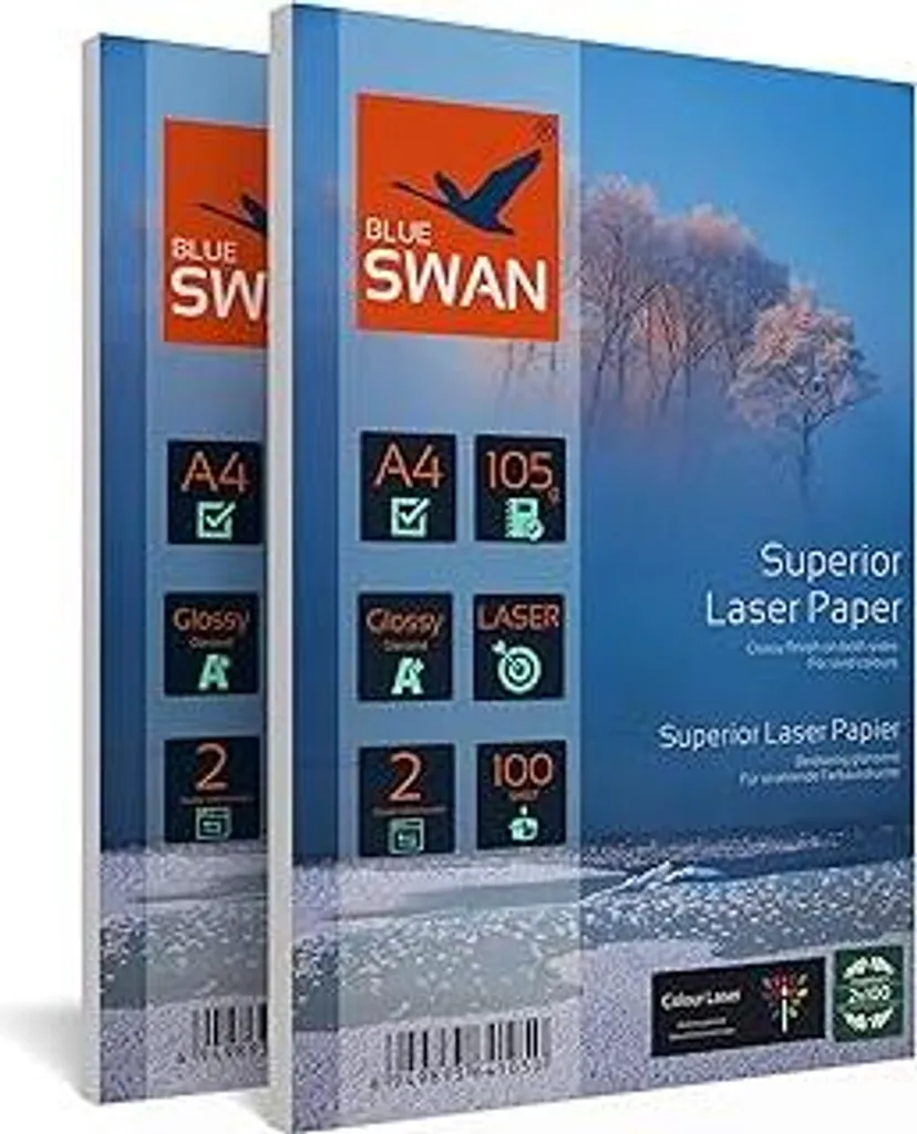 BLUE SWAN 200 fogli di carta fotografica laser a colori di Flyer Carta A4, 105 g/m², lucida, brillante, stampabile su entrambi i lati, per tutte le normali stampanti/fotocopiatrici laser/a colori