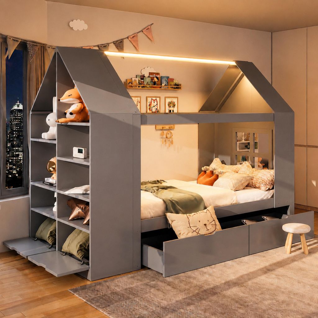 Lit pour enfant 90 x 200 cm, lit cabane avec 2 tiroirs, Image du produit 