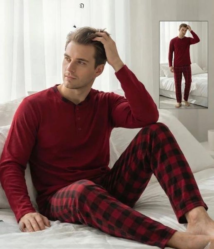 Herren Pyjama Schlafanzug Rot XXL Baumwolle Lang M-75 Produktbild 