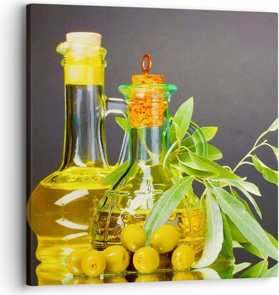 Bild auf Leinwand - Leinwandbild - Flasche Glas Olive Öl - 30x30cm - Wand Bild - Wanddeko - Leinwanddruck - Bilder - Kunstdruck - Wanddekoration -...