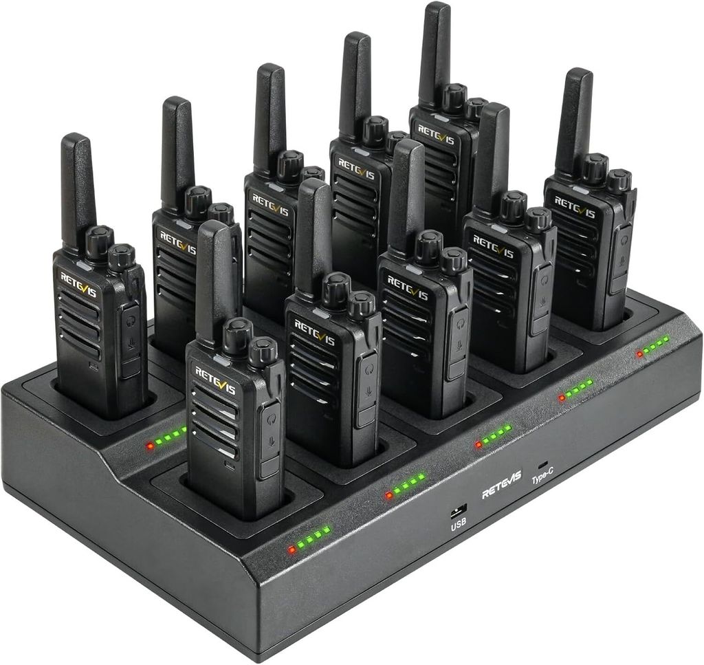 A multi-unit charger with ten walkie-talkies docked and charging.