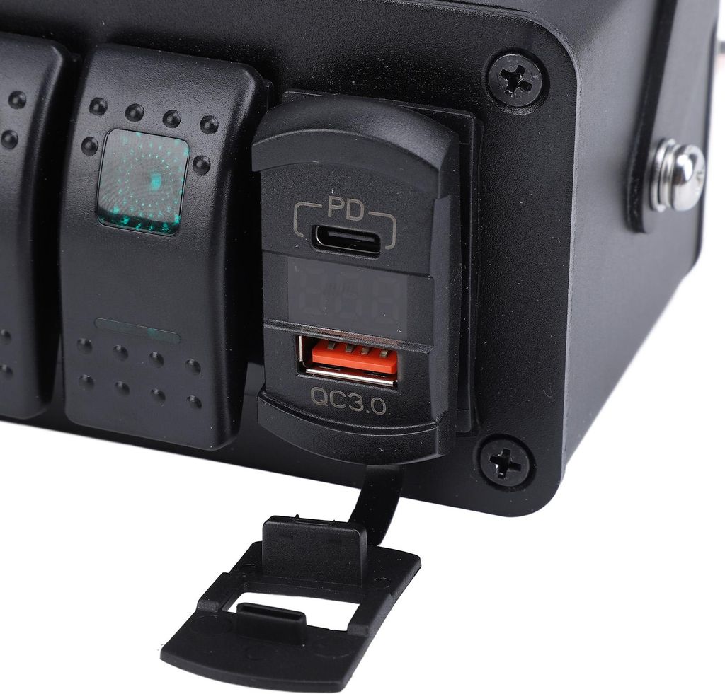 3-Gang-Wippschalterfeld DC12-24V Ein-Aus-Kippschalter mit PD Typ C und QC3.0 USB-Ladegerät Voltmeter für PKW, LKW, Boote, Wohnmobile, grünes Licht