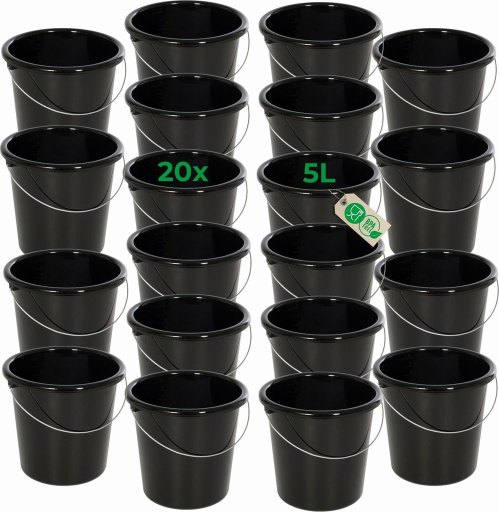 Novaliv 20 Stück Eimer 5L Schwarz mit Maßeinteilung - Putzeimer 5 Liter 22,5 cm Praktischer Allrounder mit Skala für Haushalt & Garten ideal...