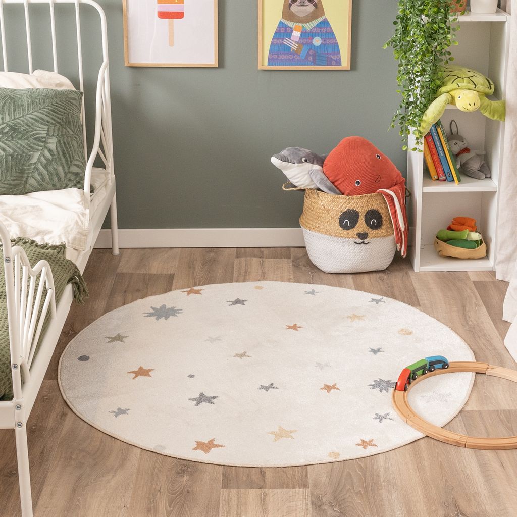 Volero - Waschbarer Kinderteppich Rund - Ravi Stars Bunt - Ø 100 cm - Kinderzimmer - Klassik