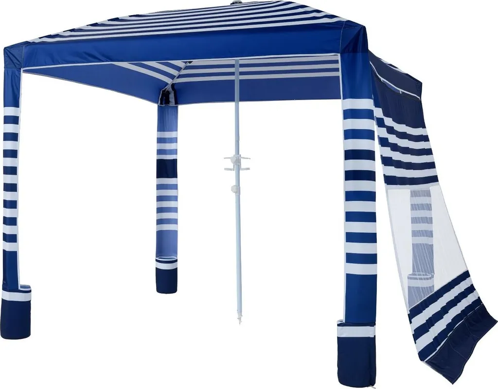 Cabane de plage 2,4 x 2,4m avec paroi latérale UPF 50+ rayures bleu marine