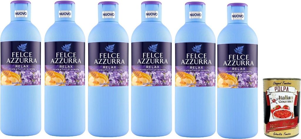 Felce Azzurra Bagnodoccia Relax, Körperwäsche Duschbad relaxing mit Duft nach Honig und Lavendelblüten, 6x 650 ml + Italian Gourmet polpa 400g