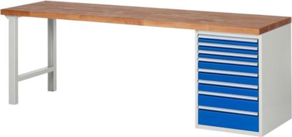 Werkbank mit 8 Schubladen - Vollauszug - 60:3 / 90:3 / 120:1 / 150:1 - 890 x 2.500 x 700 mm (HxBxT) - Traglast 1.000 kg - Buche