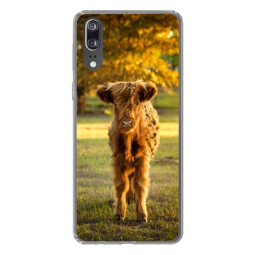 MuchoWow Handyhülle Schutzhülle Hülle für Huawei P20 Schottischer Highlander - Kalb - Herbst Silikon Softcase Handy Hülle - Hardcover
