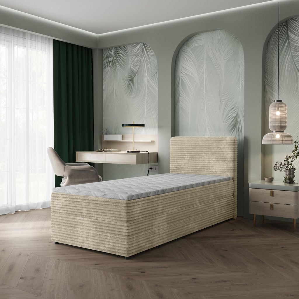 Masseno Boxspringbett PISA 80 80x200 cm Komplett-Set mit Bonell Matratze und Topper, Polsterbett mit Bettkästen -Creme, TILIA 03