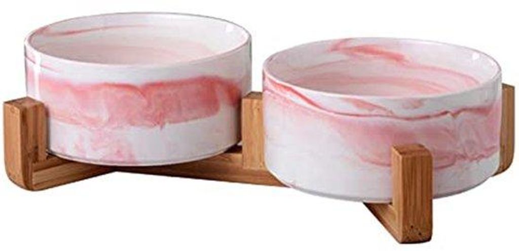 Keramische Hundenahrungstasse mit Bambusbehälter, höhengesteuerter Teller (paariges 13,5 cm, Rosa Marmorteller)