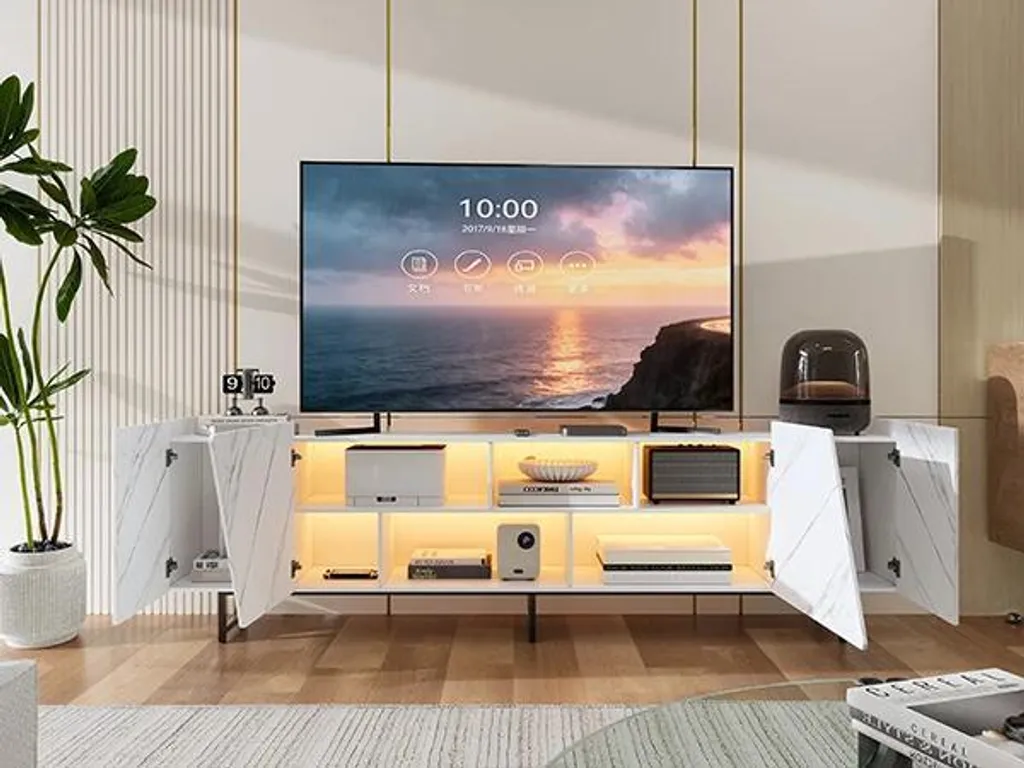 Banc TV blanc avec plateau effet marbre et 4 grands compartiments - 6