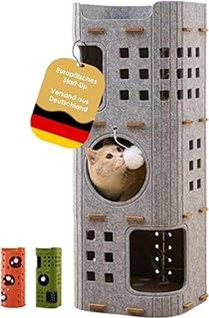 Premium Kratztonne für Katzen – modernes Katzenmöbel, Katzentonne mit 4 Etagen & 3 Katzenhöhlen, Filz, stabile Kratzbaum Alternative mit Häng...