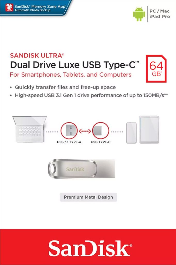 SanDisk Ultra Dual Drive Luxe, 64 GB, USB Type-A / USB Obrázek produktu 