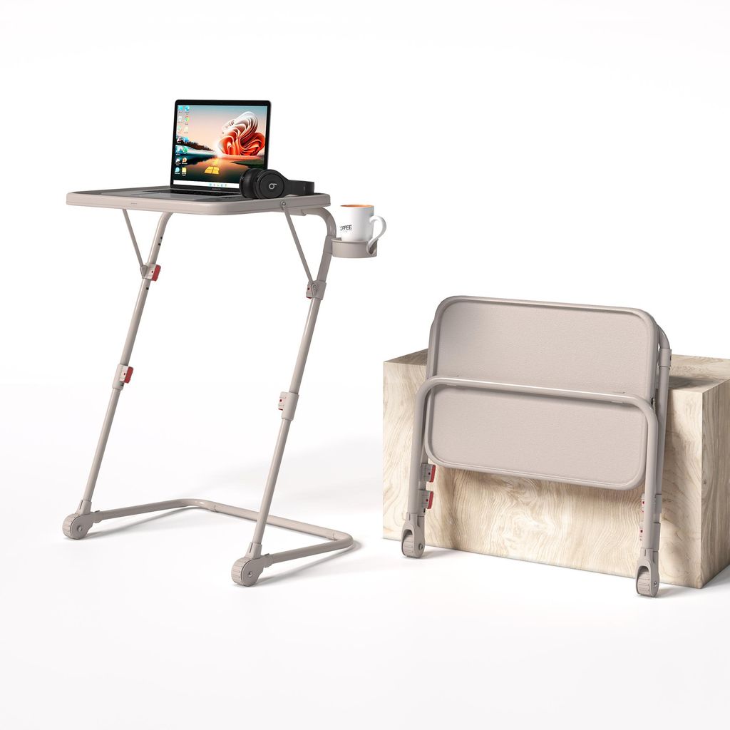 Meubles Cosy Klappbarer Laptop-Beistelltisch šC H?henverstellbarer Sofa-Beistelltisch mit neigbarer Tischplatte und Getr?nkehalter, Beige - BASELINE