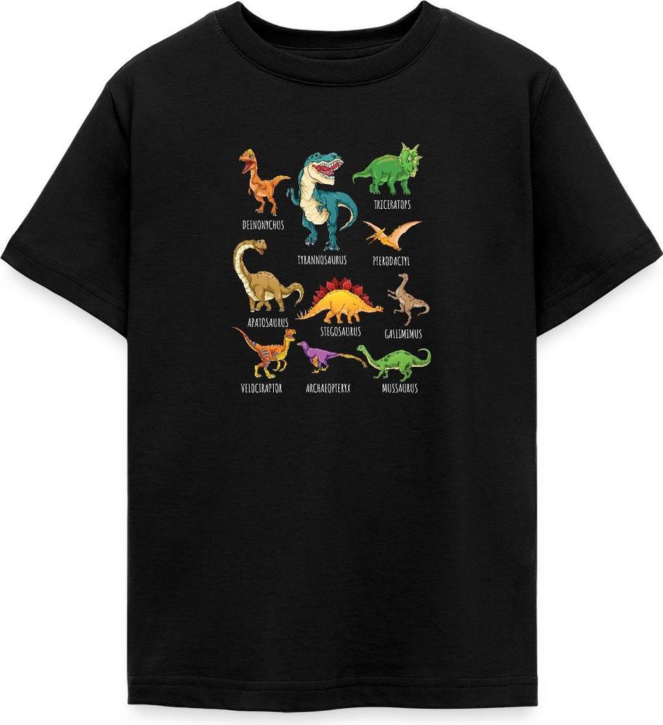 Spreadshirt Dinosaurier Arten Übersicht Dino T-Rex Comic Teenager T-Shirt, 152/164 (12-14 Jahre), Schwarz