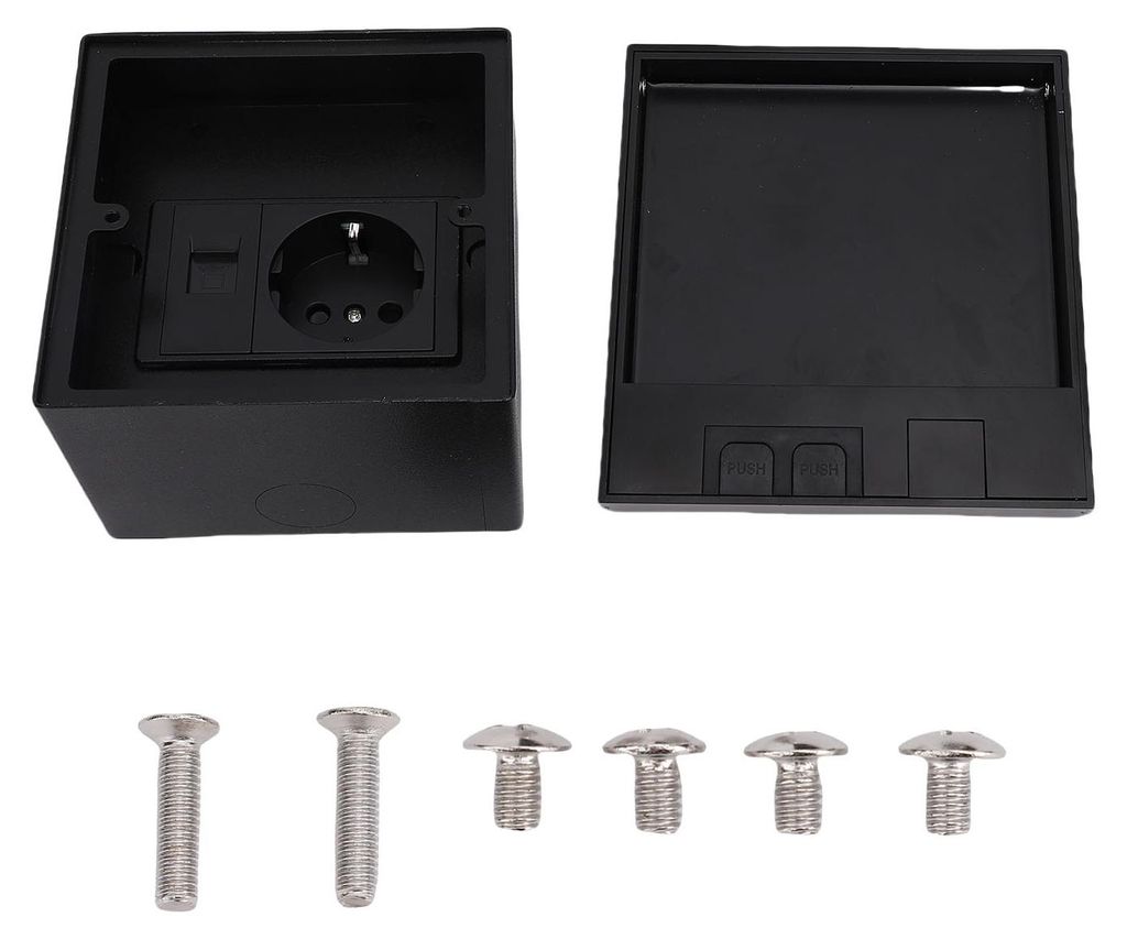 Flache Einbausteckdose mit 2-Stift-Steckdose und Netzwerkkabelanschluss, im Boden eingebettetes Steckdosenbox-Kit, Schwarz