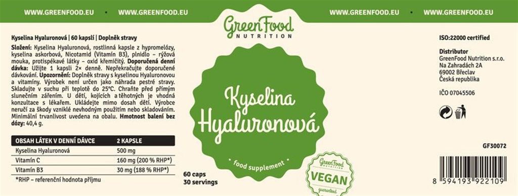 GreenFood Nutrition Hyaluronsäure 60 Kapseln