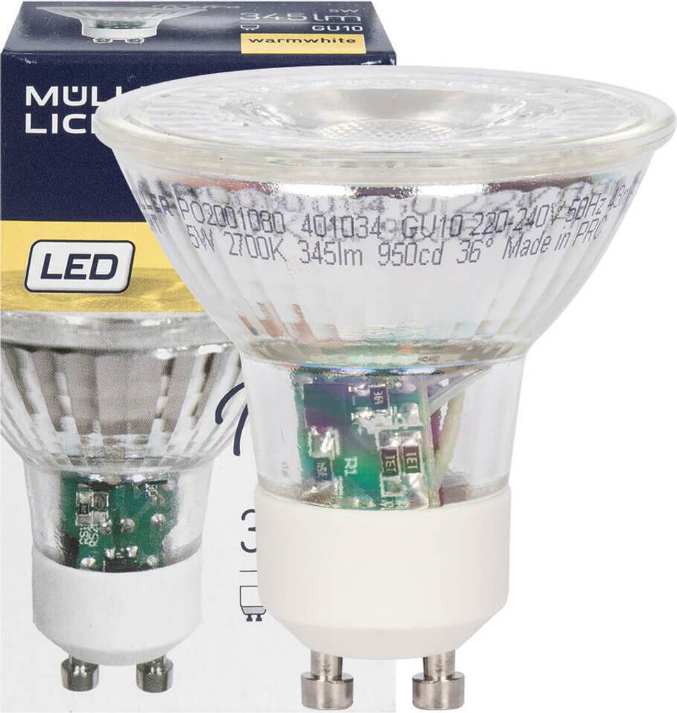 Two LED light bulbs are shown, with one in focus in the foreground and another slightly out of focus in the background. A portion of the product's packaging is visible on the left.