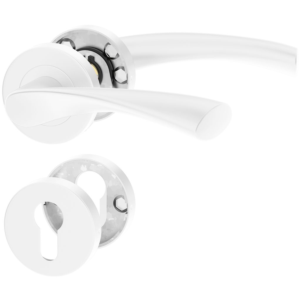 A white door handle set with a round rosette and a keyhole escutcheon.
