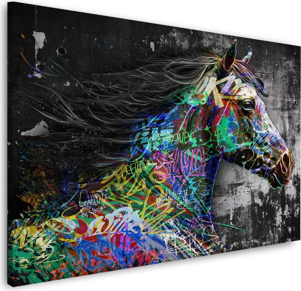 Pferd schwarz weiß Graffiti Street Art Wandbild Leinwandbild Kunstdruck Hengst: 120x80x4cm