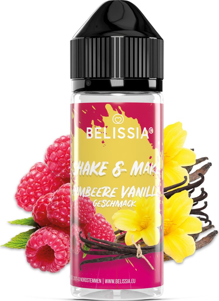 Belissia Shake and Make Himbeer-Vanille - 10ml hochdosiertes Lebensmittelaroma + 120ml Schüttelflasche - Für Backen, Speisen, Getränke, DIY uvm.