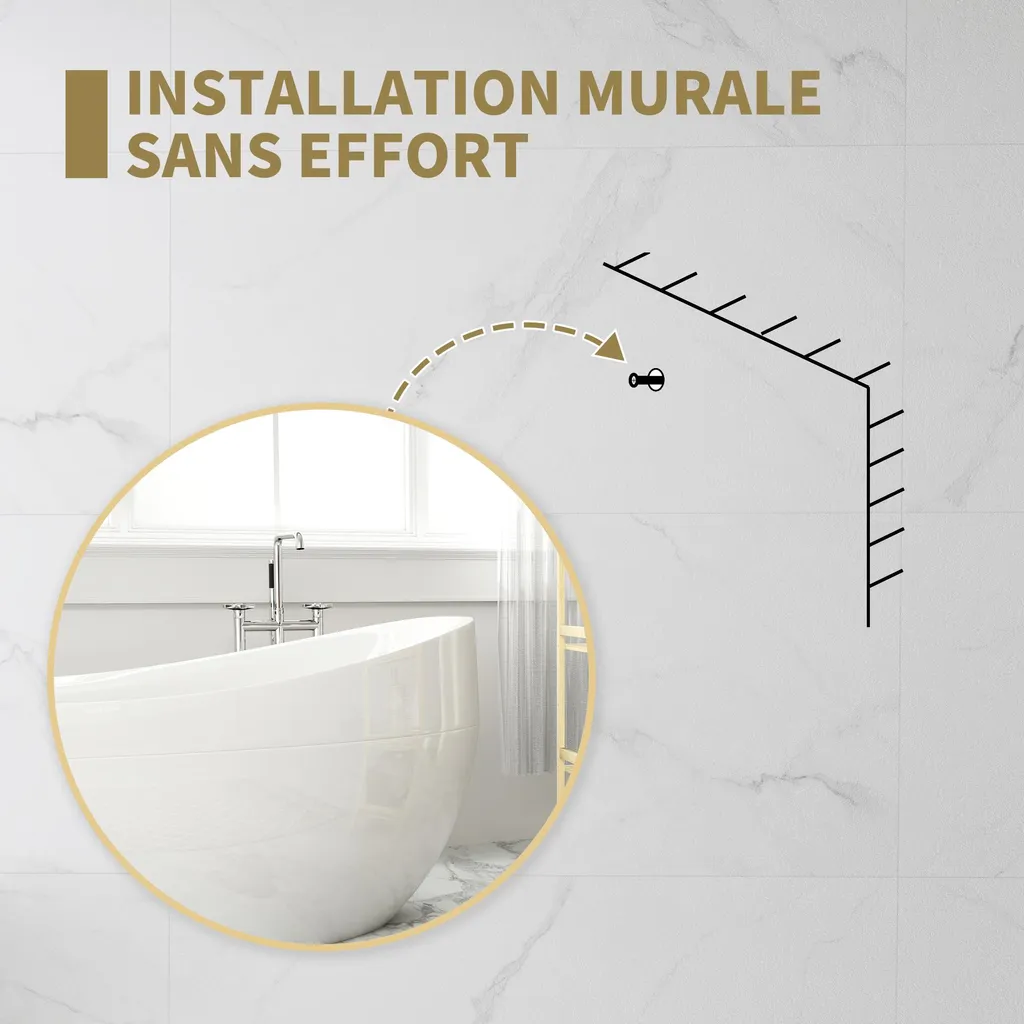 Miroir Mural Rond 70 cm Facile à Installer - Solution Déco Murale Or