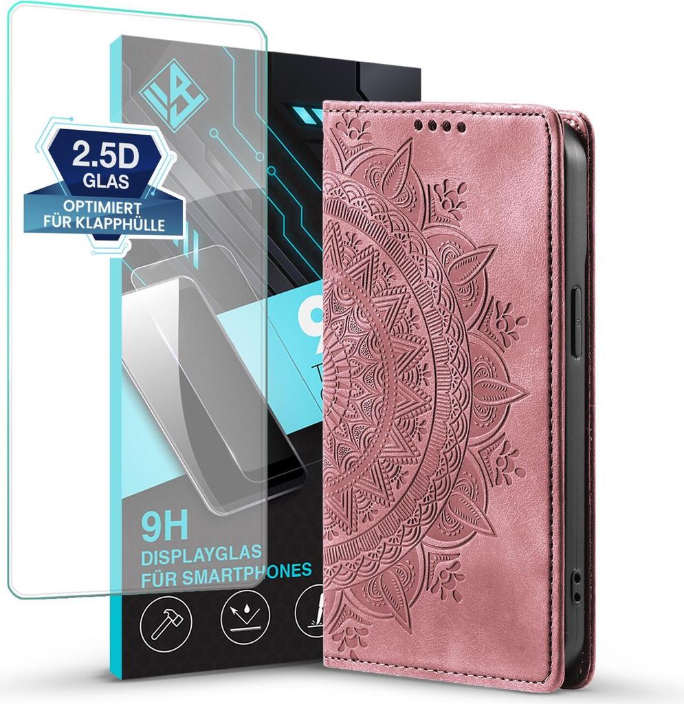 Mandala Handyhülle für Xiaomi Redmi A5 RFID Schutz Klapphülle Case Cover Design Schutzhülle mit 9H Displayglas Farbe: Rosa