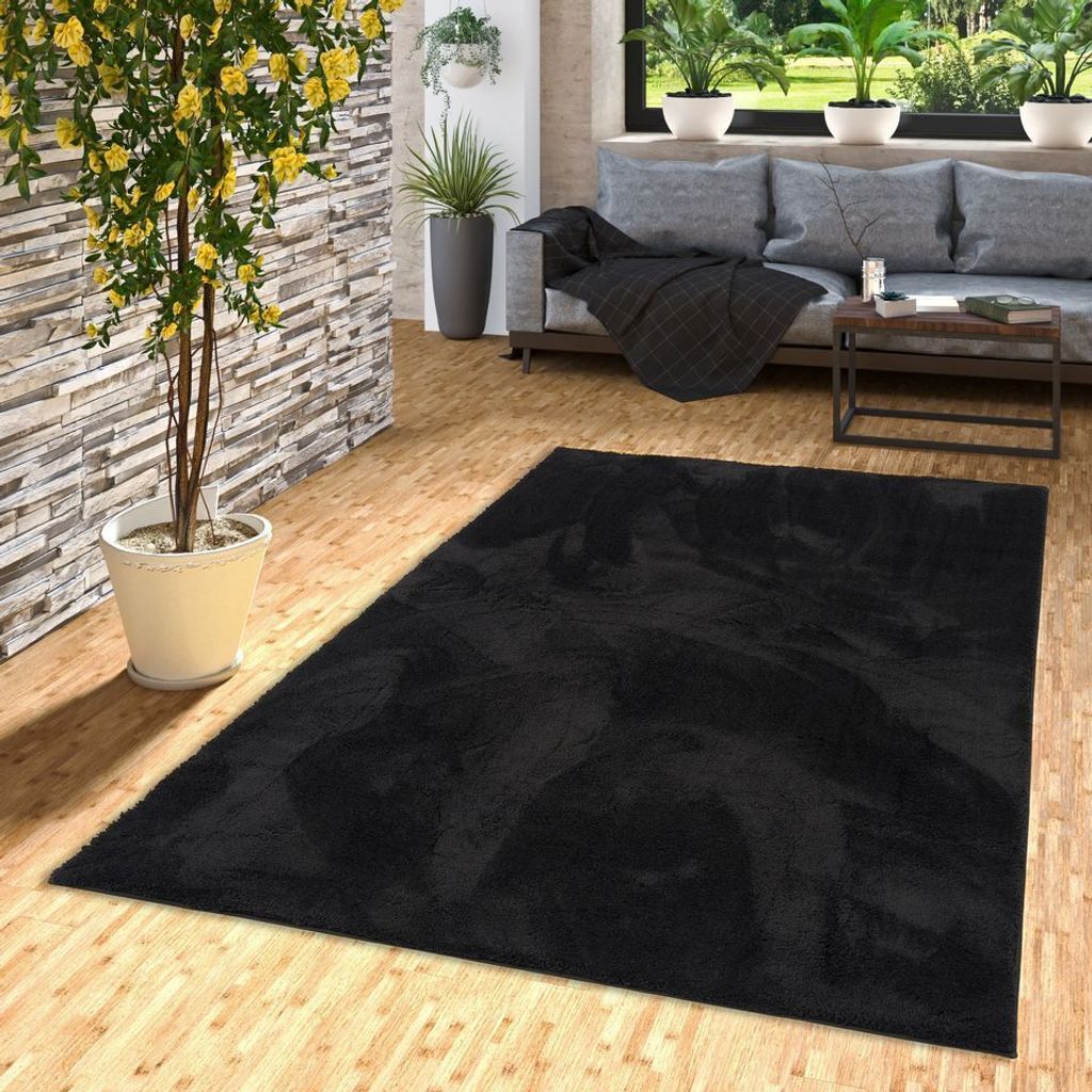 Luxus Super Soft Hochflor Langflor Teppich Silky Schwarz, Größe:200x290 cm