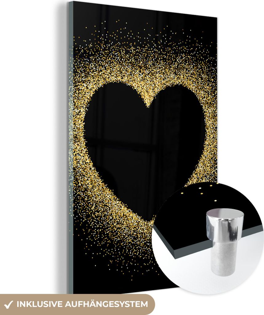 MuchoWow Glasbilder - Bilder auf Wandbild - Foto auf Glas Goldenes Herz auf schwarzem Hintergrund 40x60 cm Wanddekoration aus Glas - Acrylglasbild ...