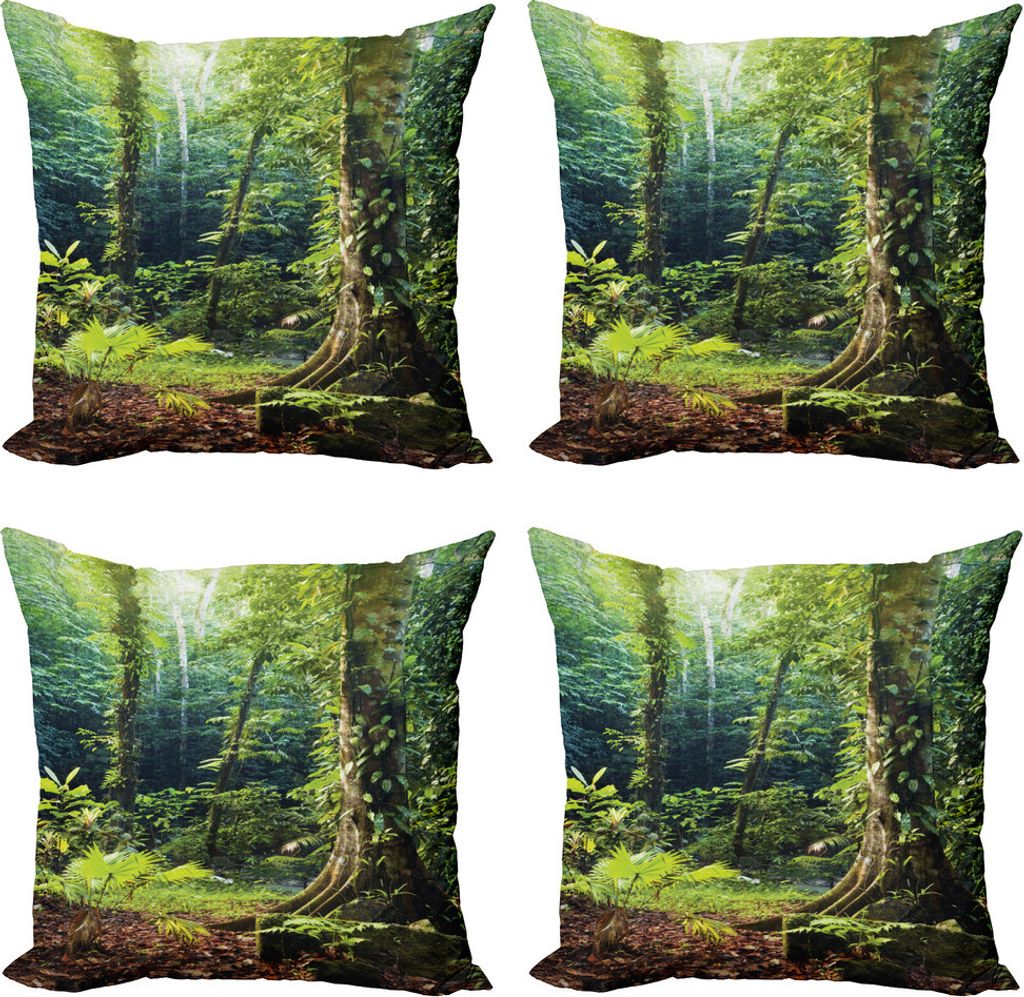ABAKUHAUS Regenwald Kissenbezug Set (4 Stück), Wilder Efeu auf Bäume, Moderner Doppelseitiger Digitaldruck, 45 cm x 45 cm, Grün Braun
