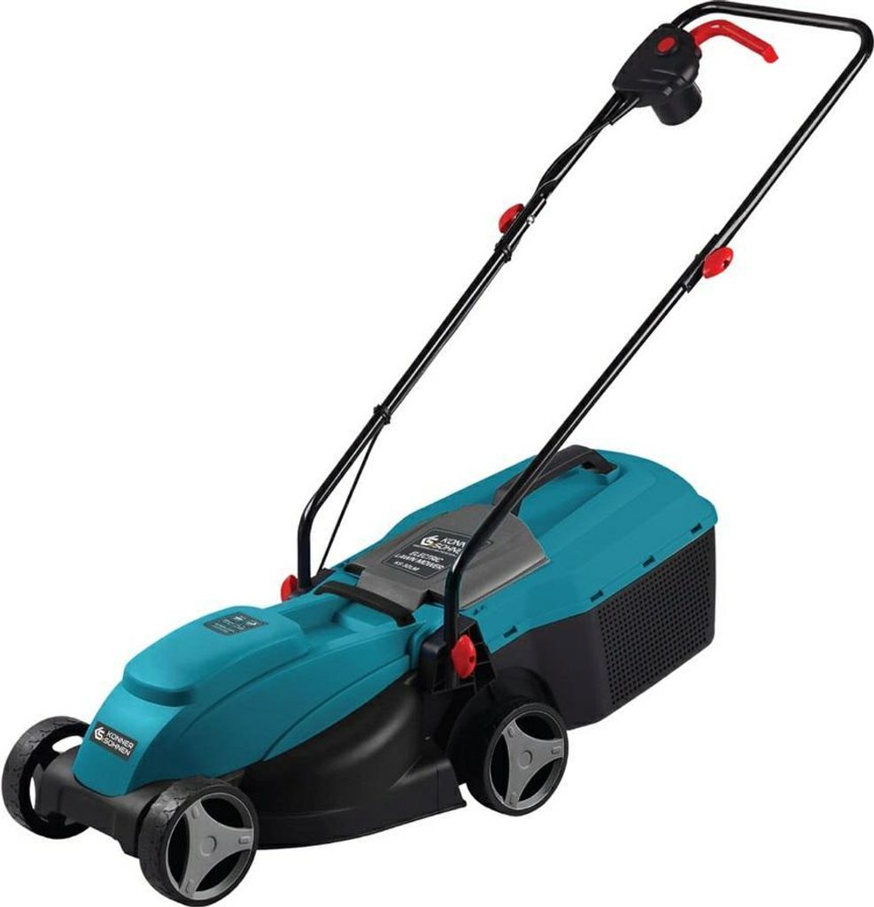 A teal and black electric lawnmower is shown against a white background.