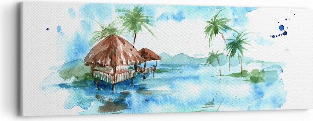 Bild auf Leinwand - Leinwandbild - Tropen Wasser Bungalow Ufer - 90x30cm - Wand Bild - Wanddeko - Leinwanddruck - Bilder - Kunstdruck - Wanddekorat...